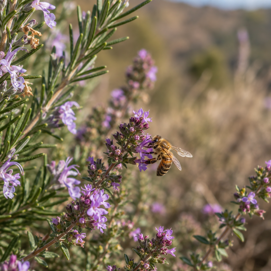 Brins de thym en fleur visités par une abeille